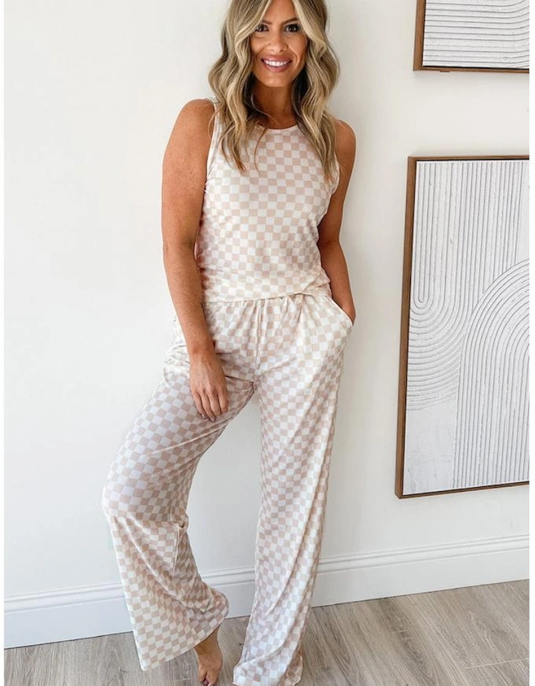 White Ribbed Texture Checkered Print 2pcs Tank and Pants Set