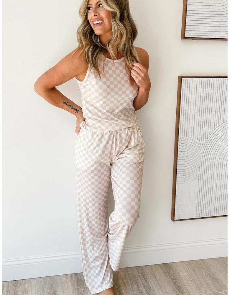 White Ribbed Texture Checkered Print 2pcs Tank and Pants Set