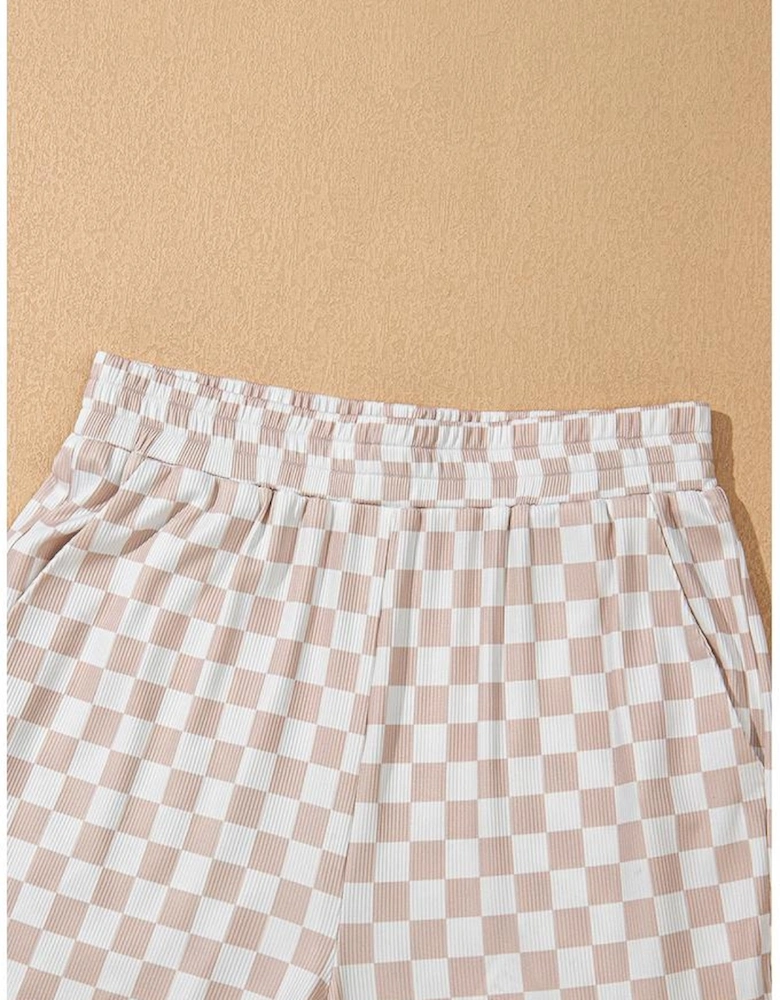 White Ribbed Texture Checkered Print 2pcs Tank and Pants Set