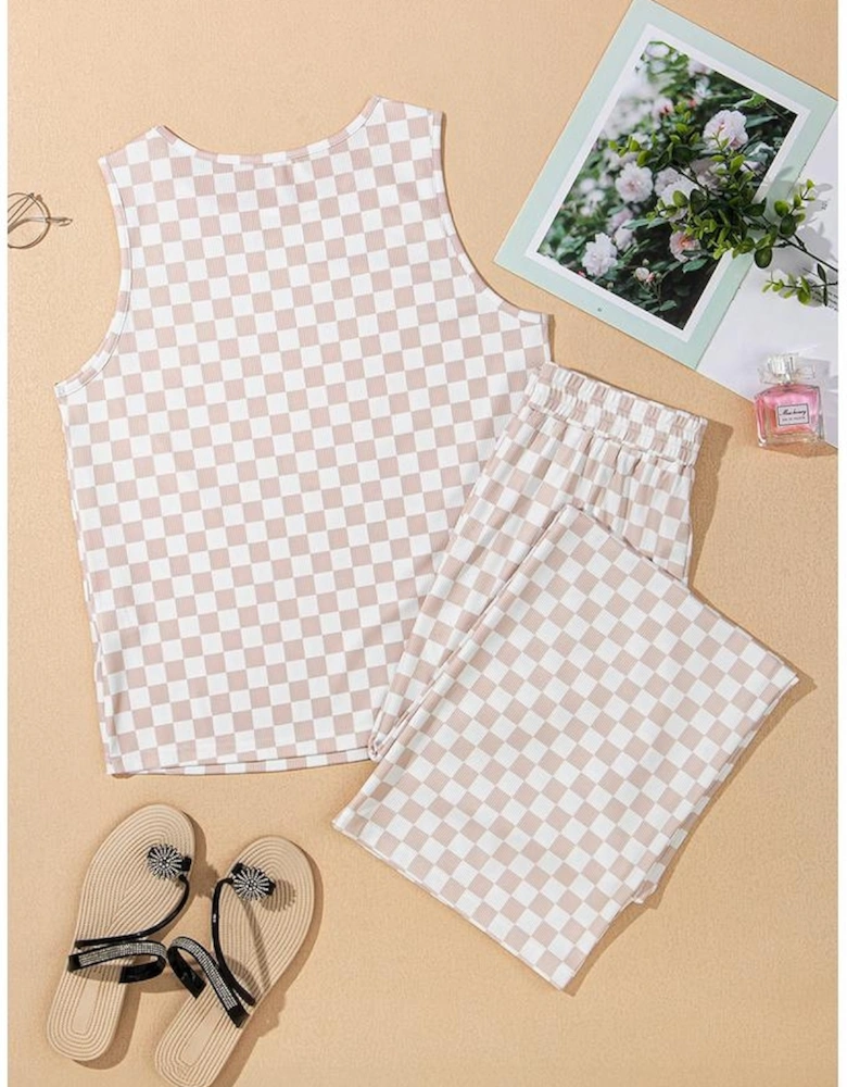 White Ribbed Texture Checkered Print 2pcs Tank and Pants Set
