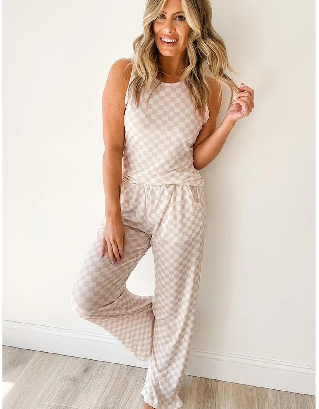 White Ribbed Texture Checkered Print 2pcs Tank and Pants Set