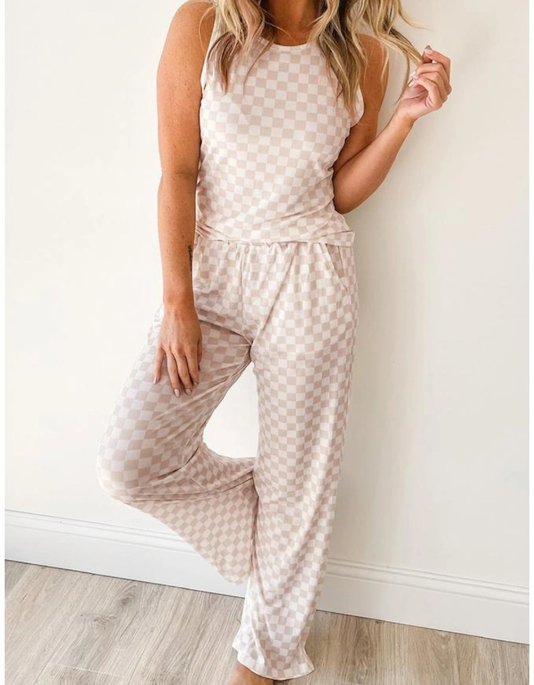 White Ribbed Texture Checkered Print 2pcs Tank and Pants Set