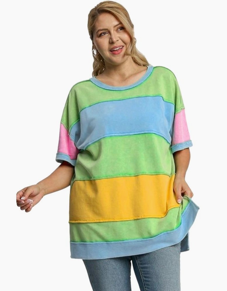 Light Blue Color Block Exposed Seam Patchwork Plus Size T Shirt