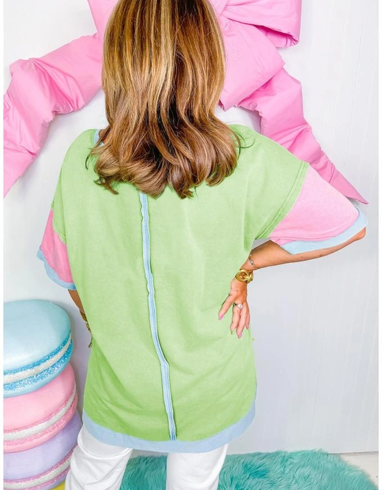 Light Blue Color Block Exposed Seam Patchwork Plus Size T Shirt