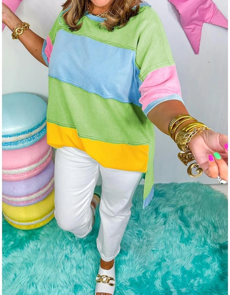 Light Blue Color Block Exposed Seam Patchwork Plus Size T Shirt