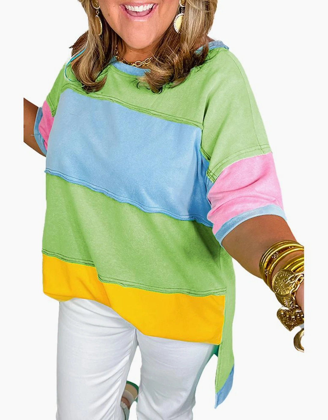 Light Blue Color Block Exposed Seam Patchwork Plus Size T Shirt