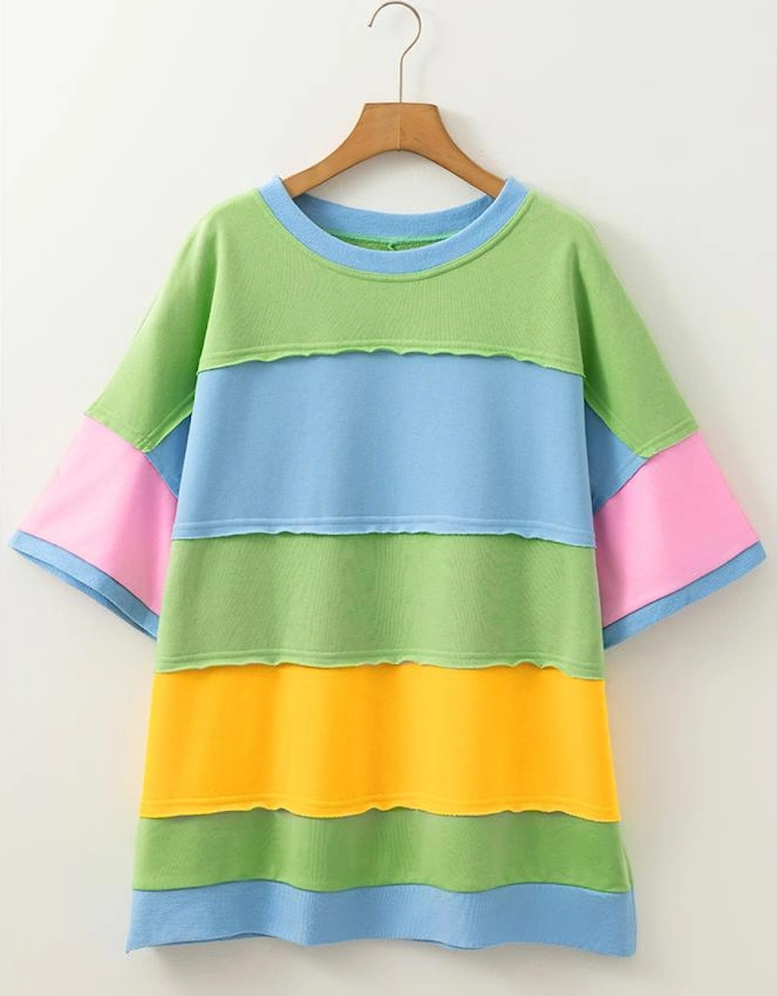 Light Blue Color Block Exposed Seam Patchwork Plus Size T Shirt