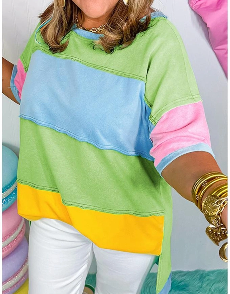 Light Blue Color Block Exposed Seam Patchwork Plus Size T Shirt