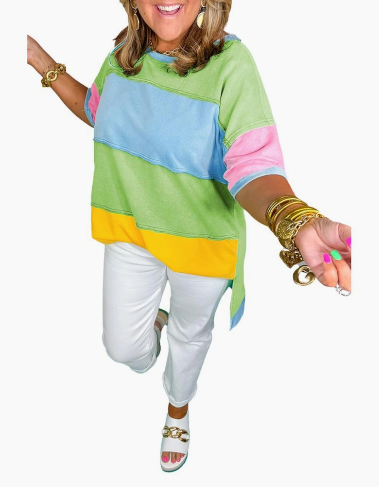 Light Blue Color Block Exposed Seam Patchwork Plus Size T Shirt