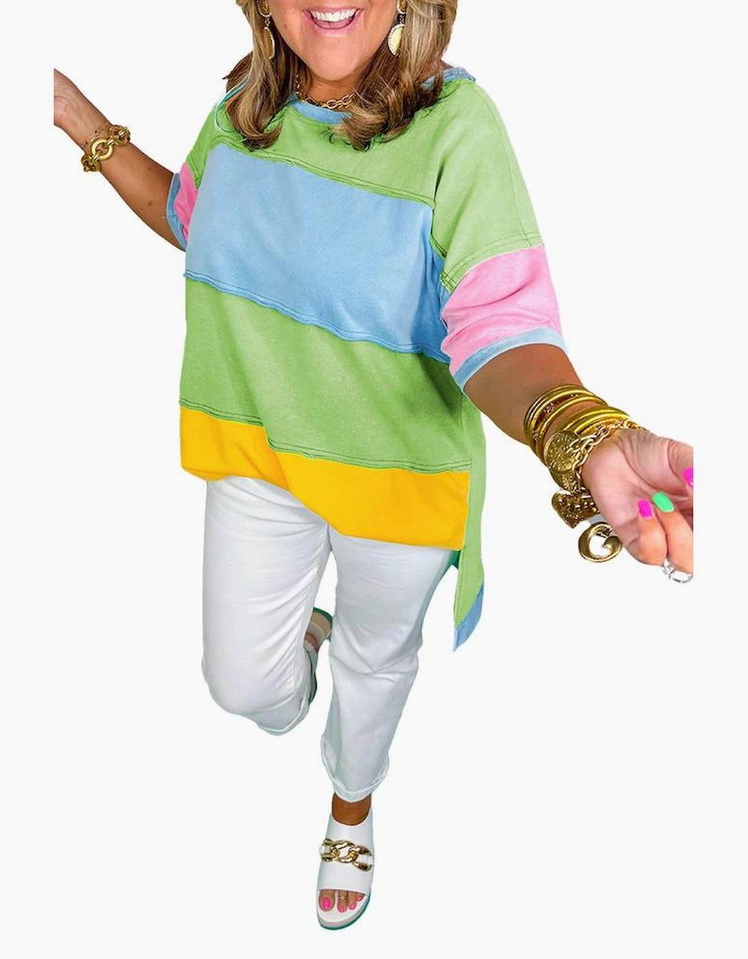 Light Blue Color Block Exposed Seam Patchwork Plus Size T Shirt