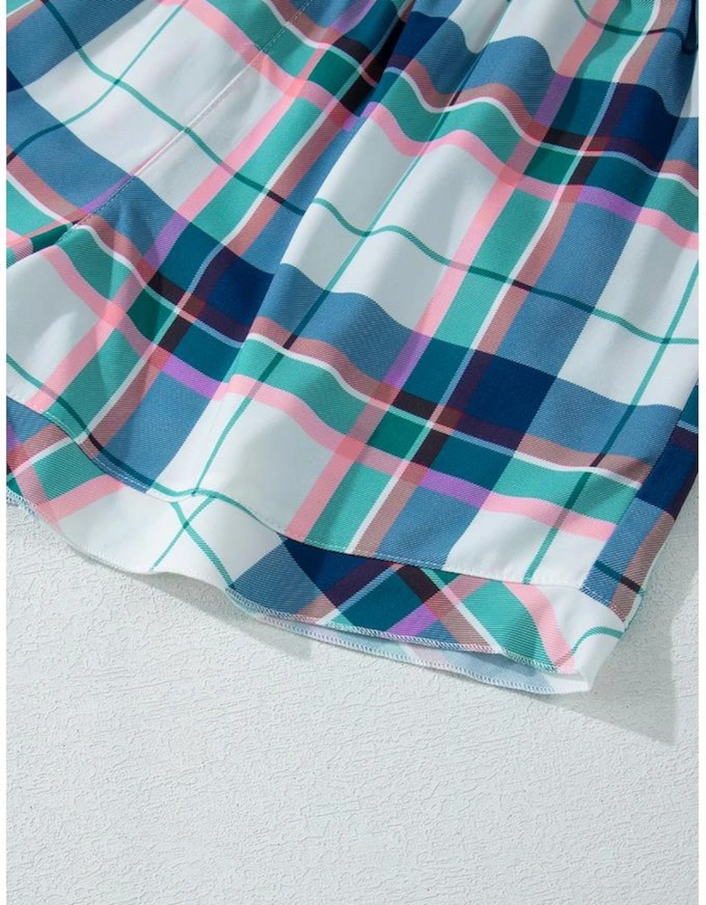 Blue Plaid Print Shirt and Shorts 2Pcs Lounge Set