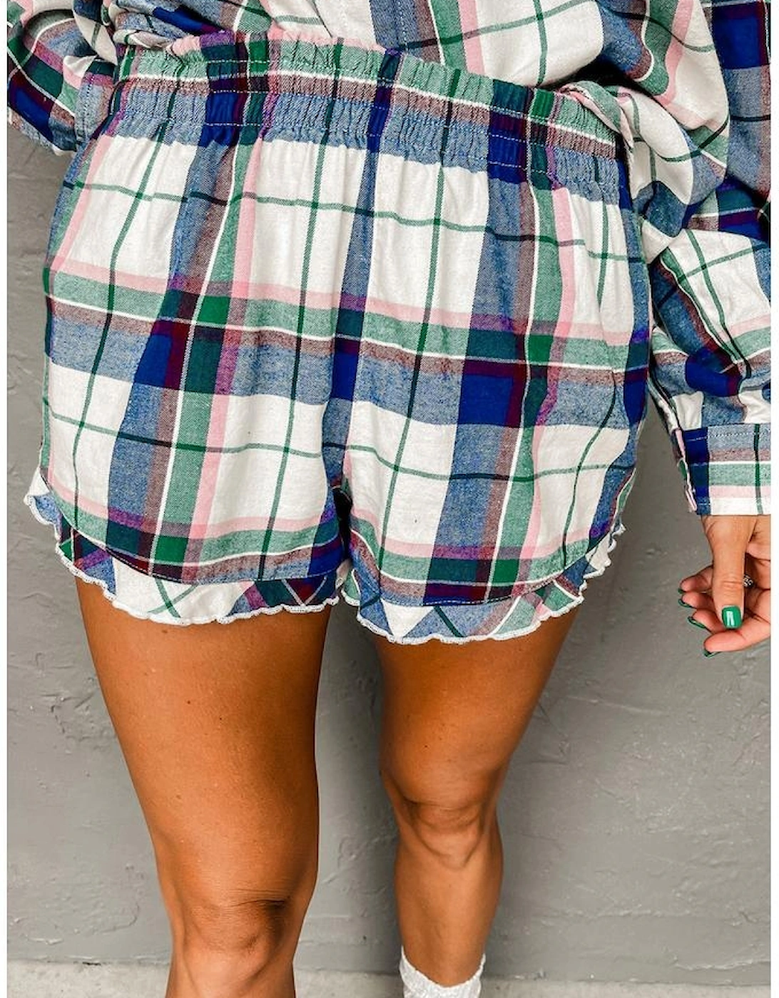 Blue Plaid Print Shirt and Shorts 2Pcs Lounge Set