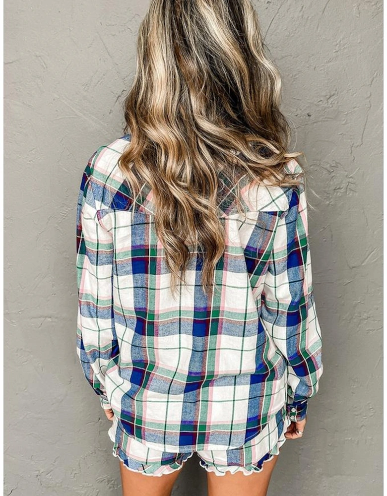 Blue Plaid Print Shirt and Shorts 2Pcs Lounge Set