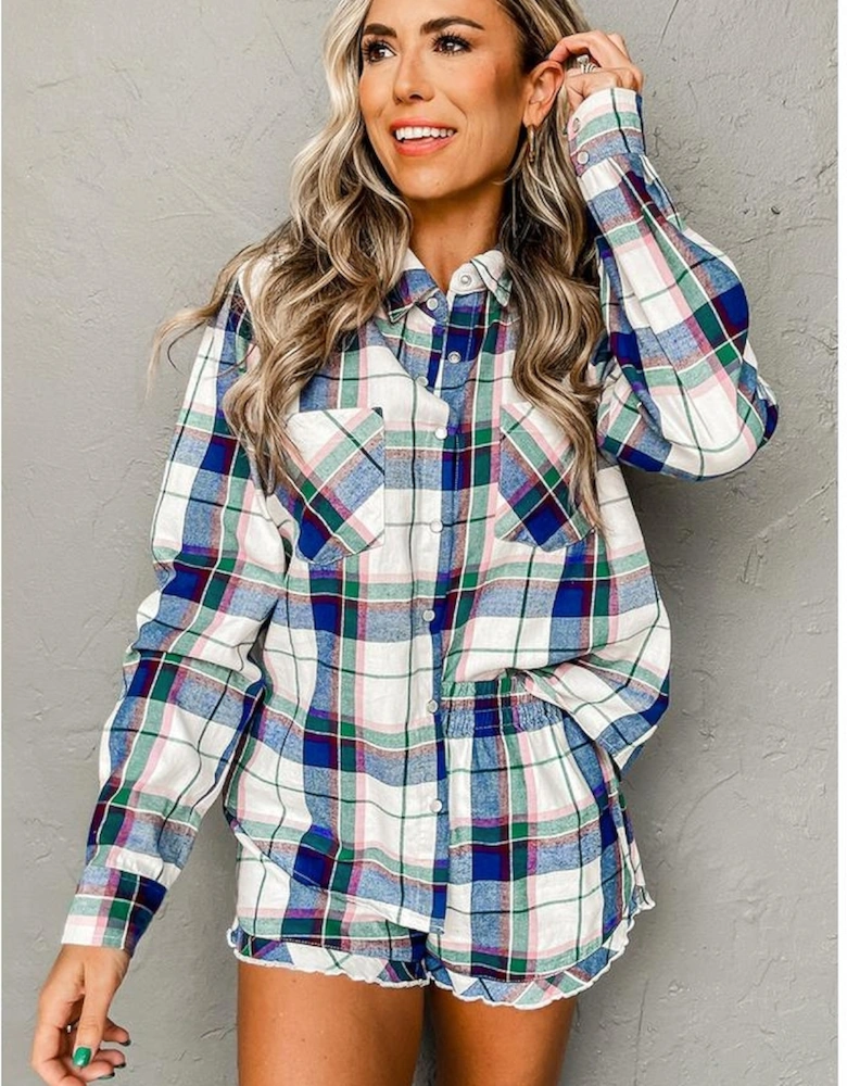 Blue Plaid Print Shirt and Shorts 2Pcs Lounge Set