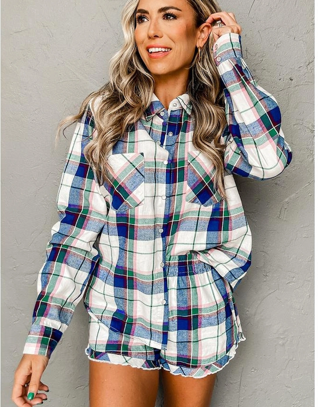 Blue Plaid Print Shirt and Shorts 2Pcs Lounge Set