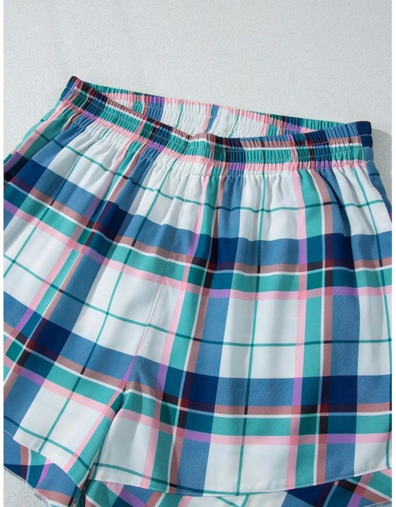 Blue Plaid Print Shirt and Shorts 2Pcs Lounge Set