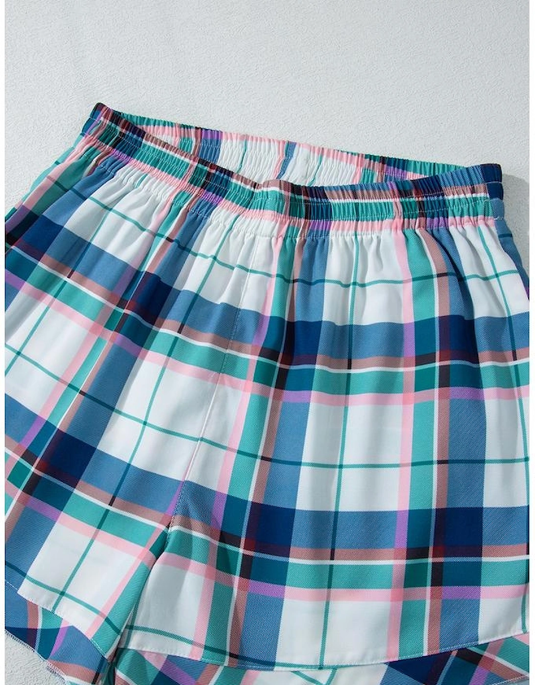 Blue Plaid Print Shirt and Shorts 2Pcs Lounge Set