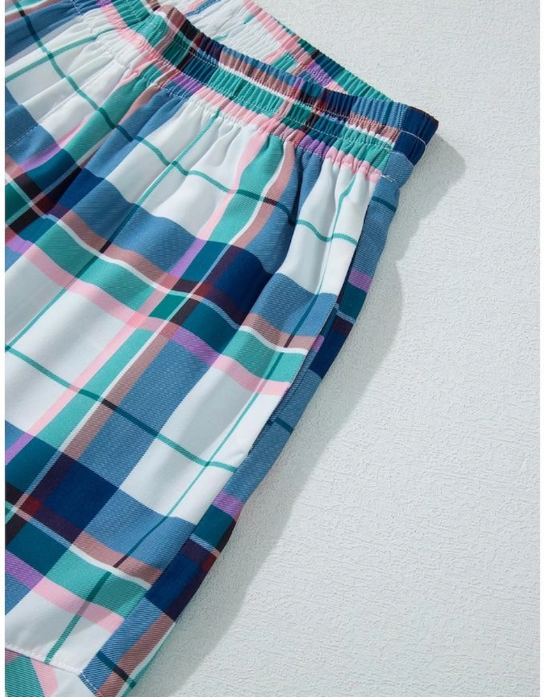 Blue Plaid Print Shirt and Shorts 2Pcs Lounge Set