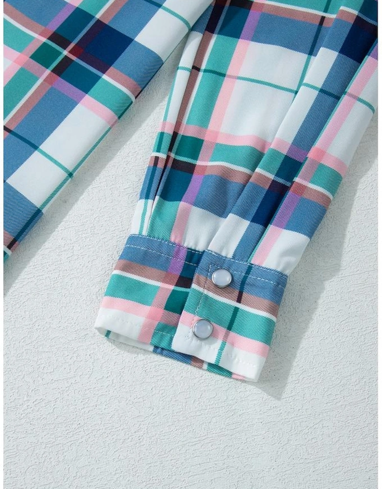 Blue Plaid Print Shirt and Shorts 2Pcs Lounge Set