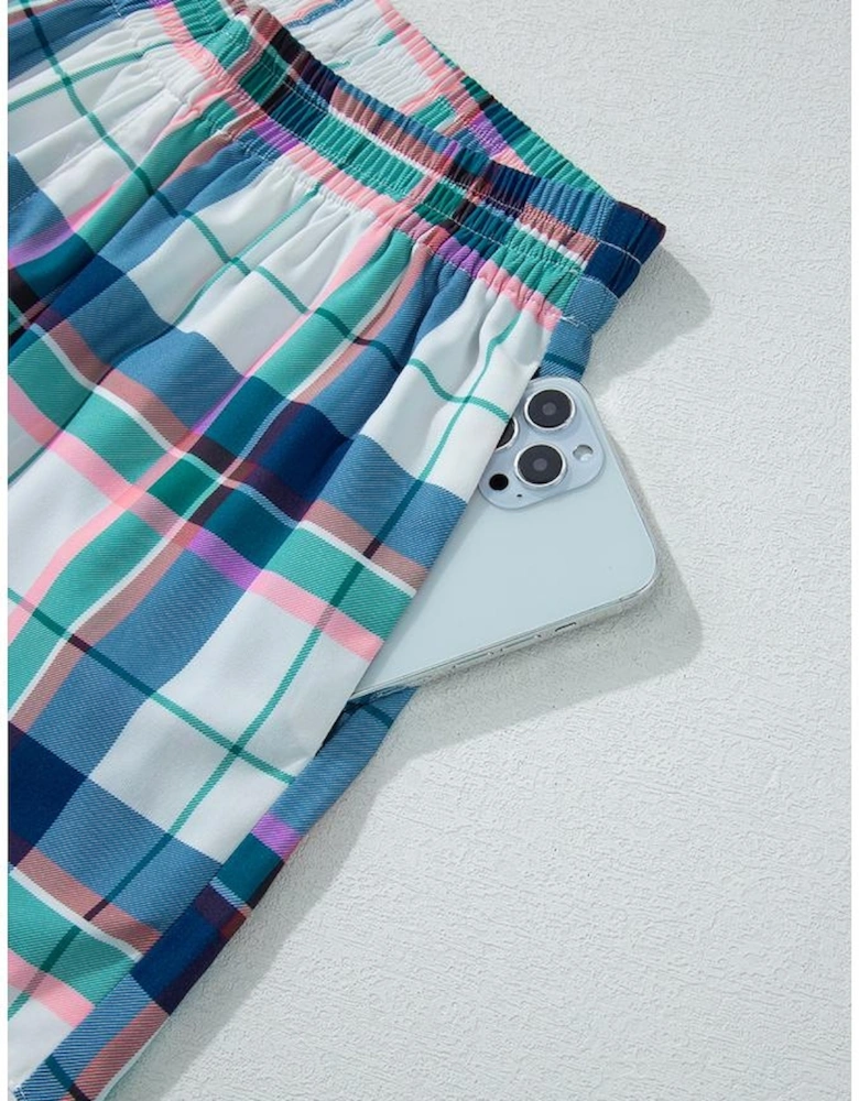 Blue Plaid Print Shirt and Shorts 2Pcs Lounge Set