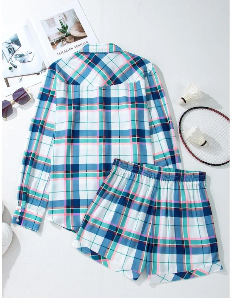 Blue Plaid Print Shirt and Shorts 2Pcs Lounge Set