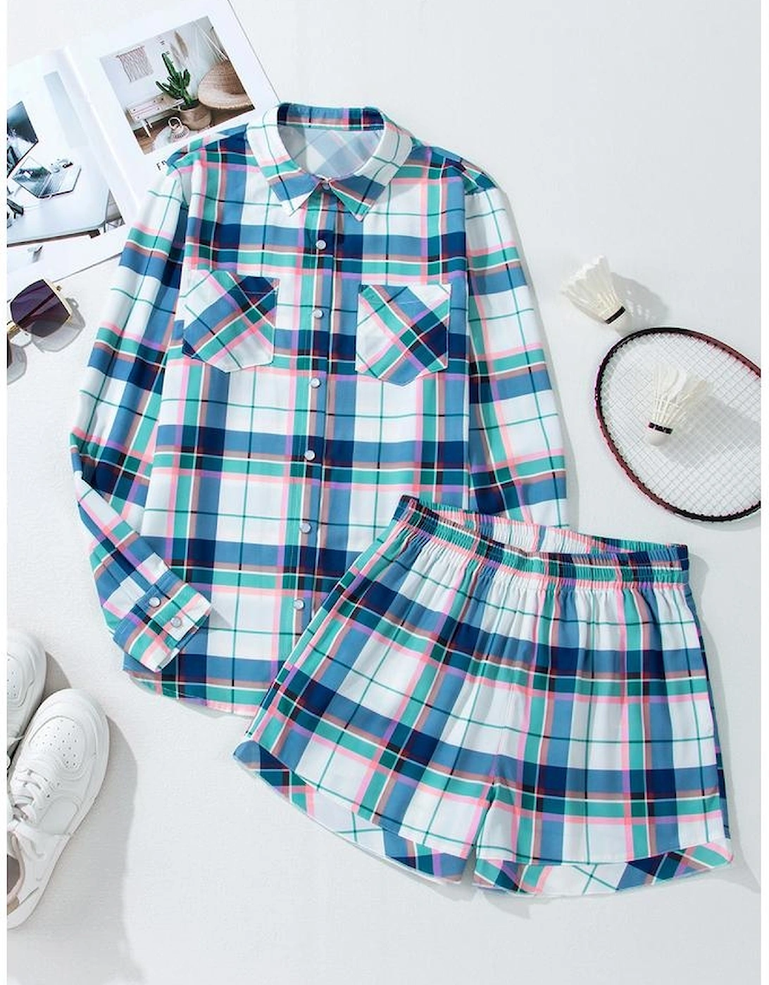 Blue Plaid Print Shirt and Shorts 2Pcs Lounge Set