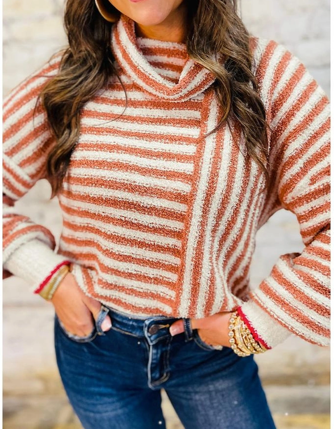 Orange Stripe Cowl Neck Drop Shoulder Sweater