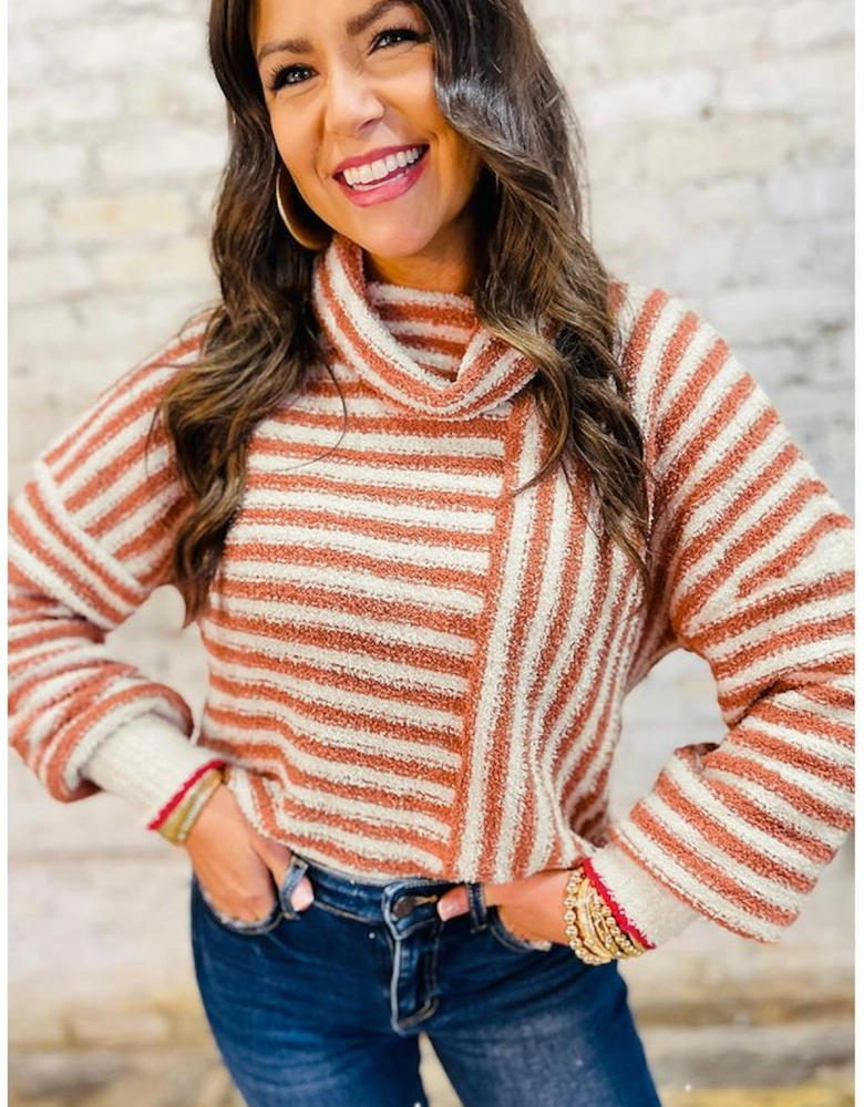 Orange Stripe Cowl Neck Drop Shoulder Sweater