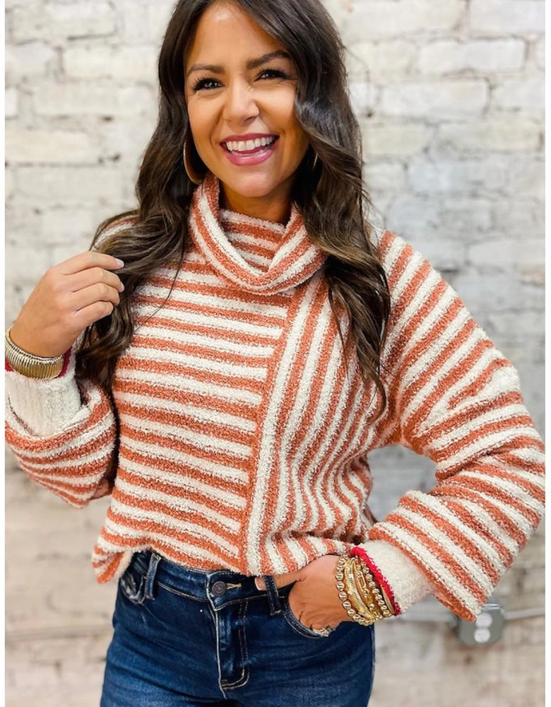 Orange Stripe Cowl Neck Drop Shoulder Sweater