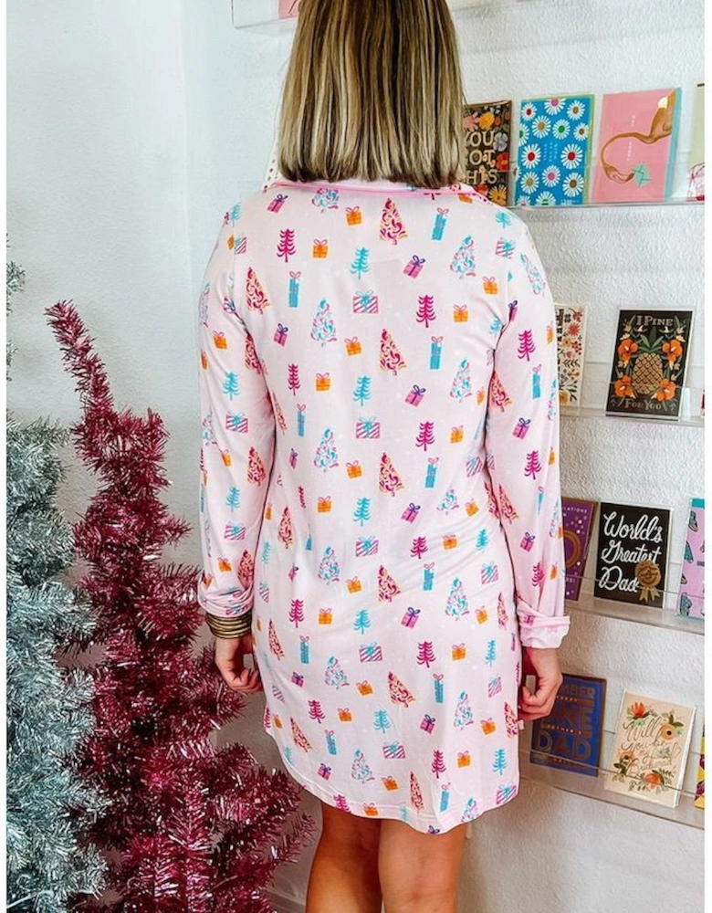 Pink Christmas Twinkle Tree Print Shirt Sleep Dress
