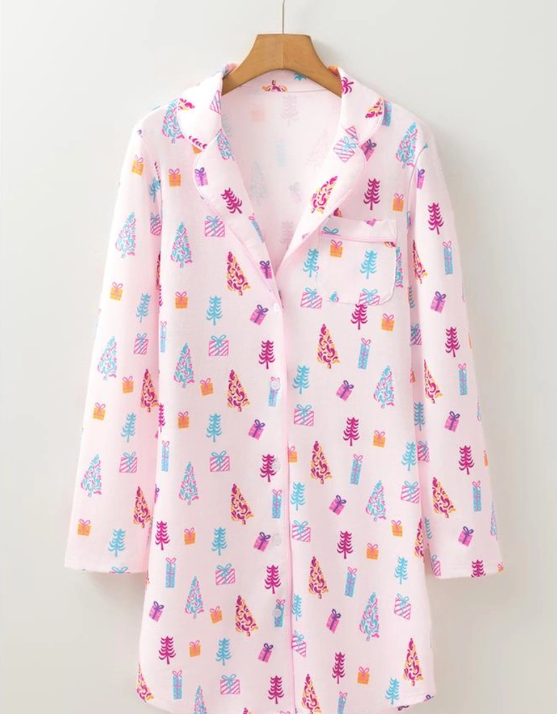 Pink Christmas Twinkle Tree Print Shirt Sleep Dress
