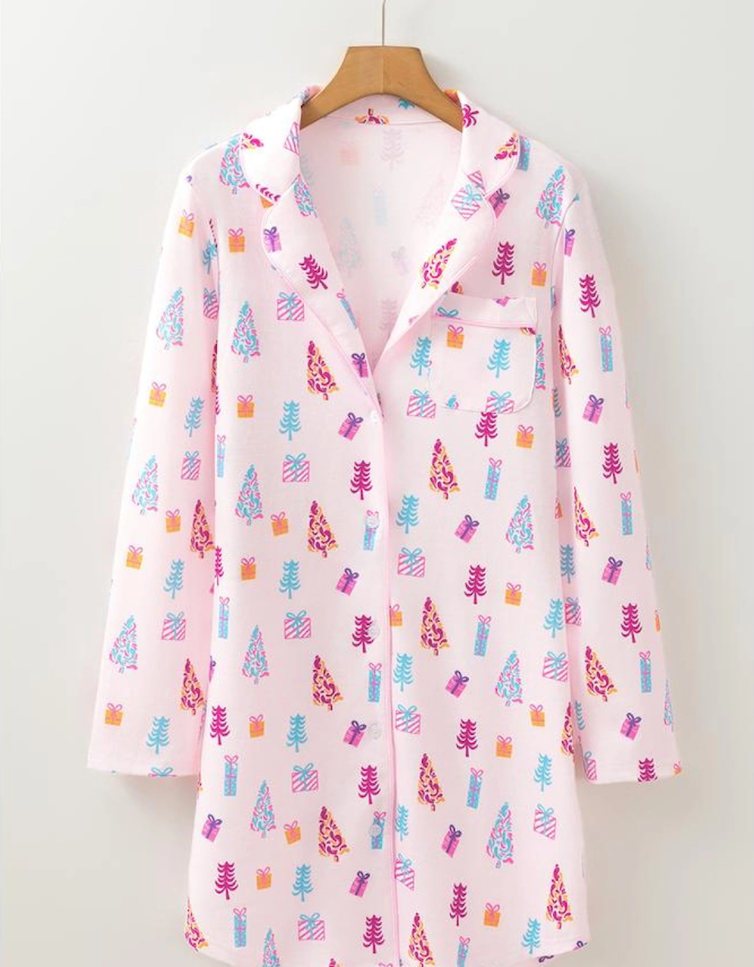 Pink Christmas Twinkle Tree Print Shirt Sleep Dress