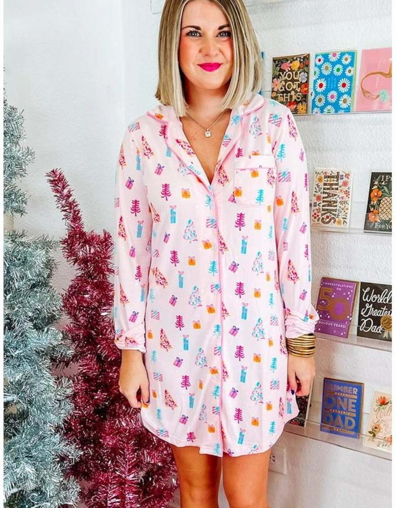Pink Christmas Twinkle Tree Print Shirt Sleep Dress