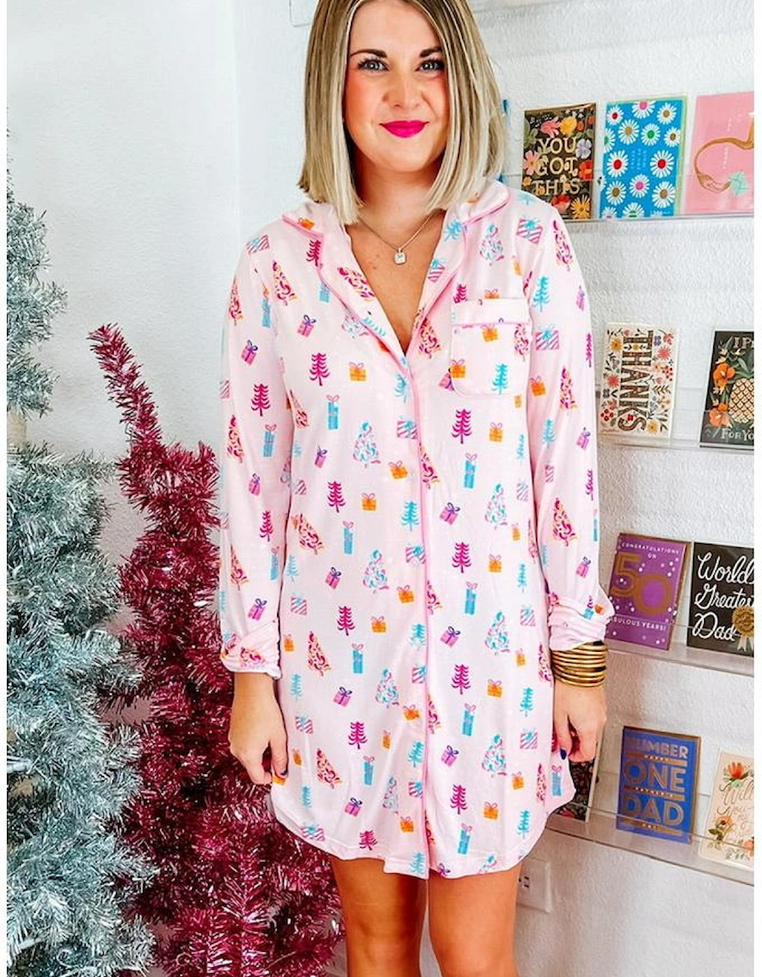 Pink Christmas Twinkle Tree Print Shirt Sleep Dress
