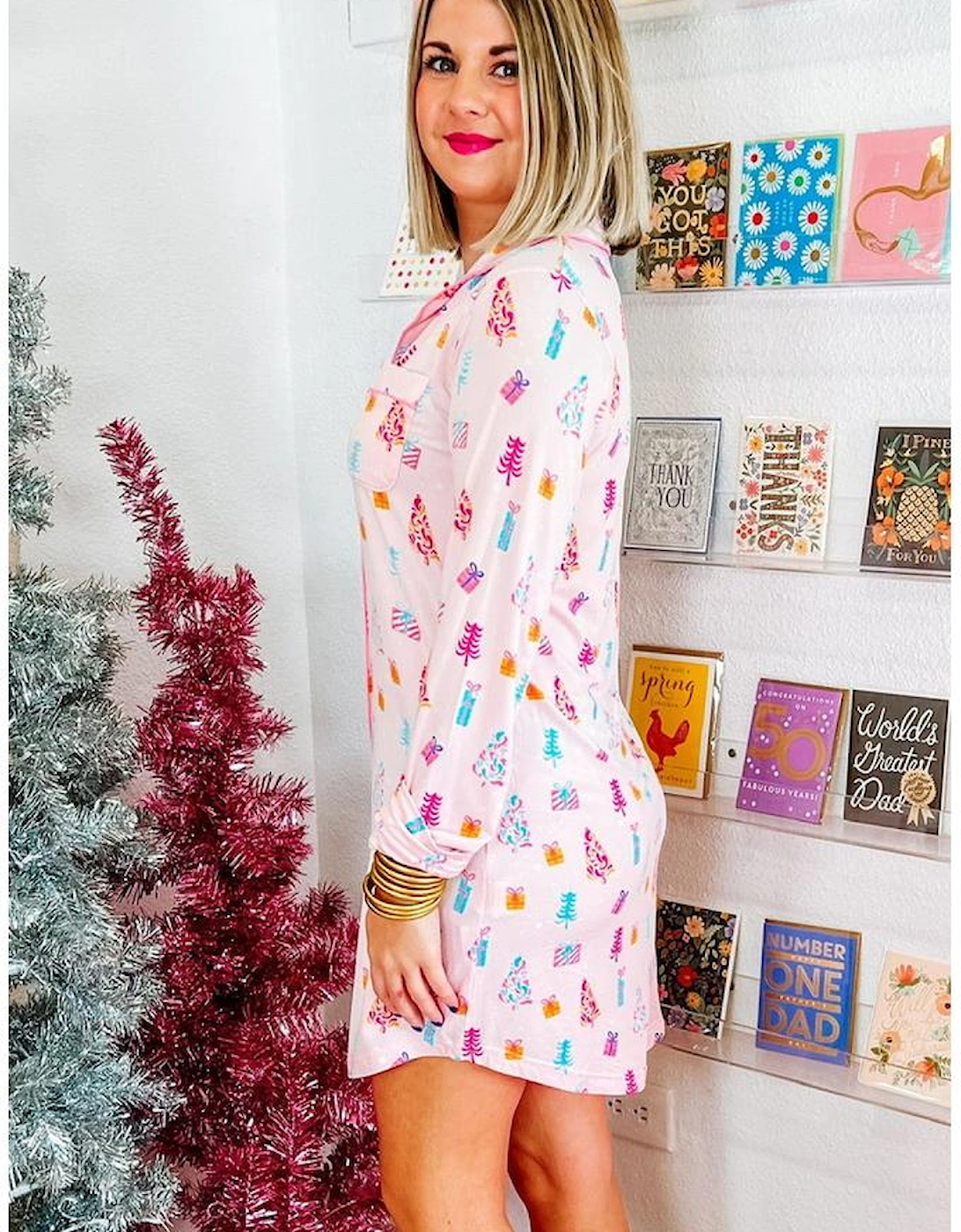 Pink Christmas Twinkle Tree Print Shirt Sleep Dress