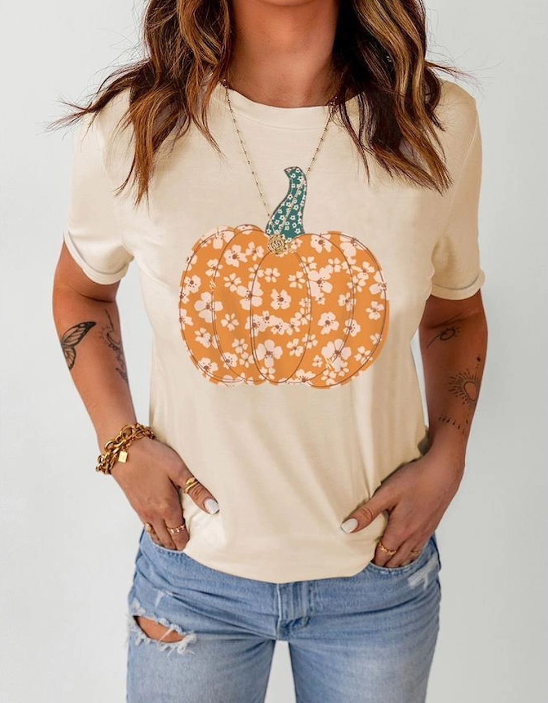Khaki Sweet Floral Pumpkin Graphic Tee