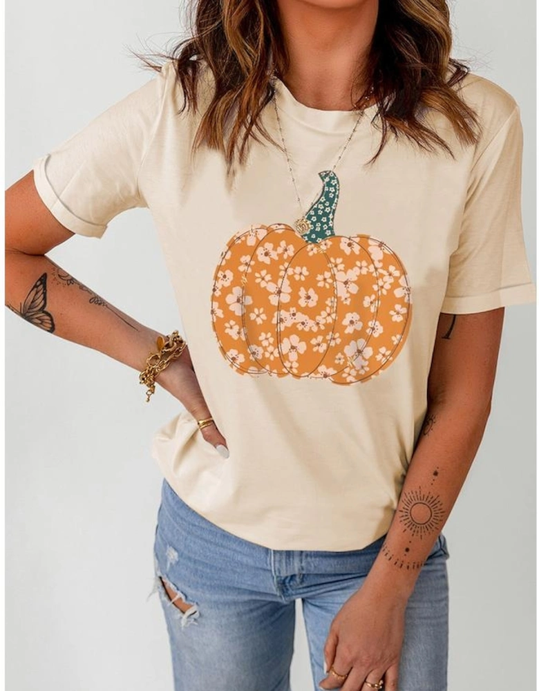 Khaki Sweet Floral Pumpkin Graphic Tee