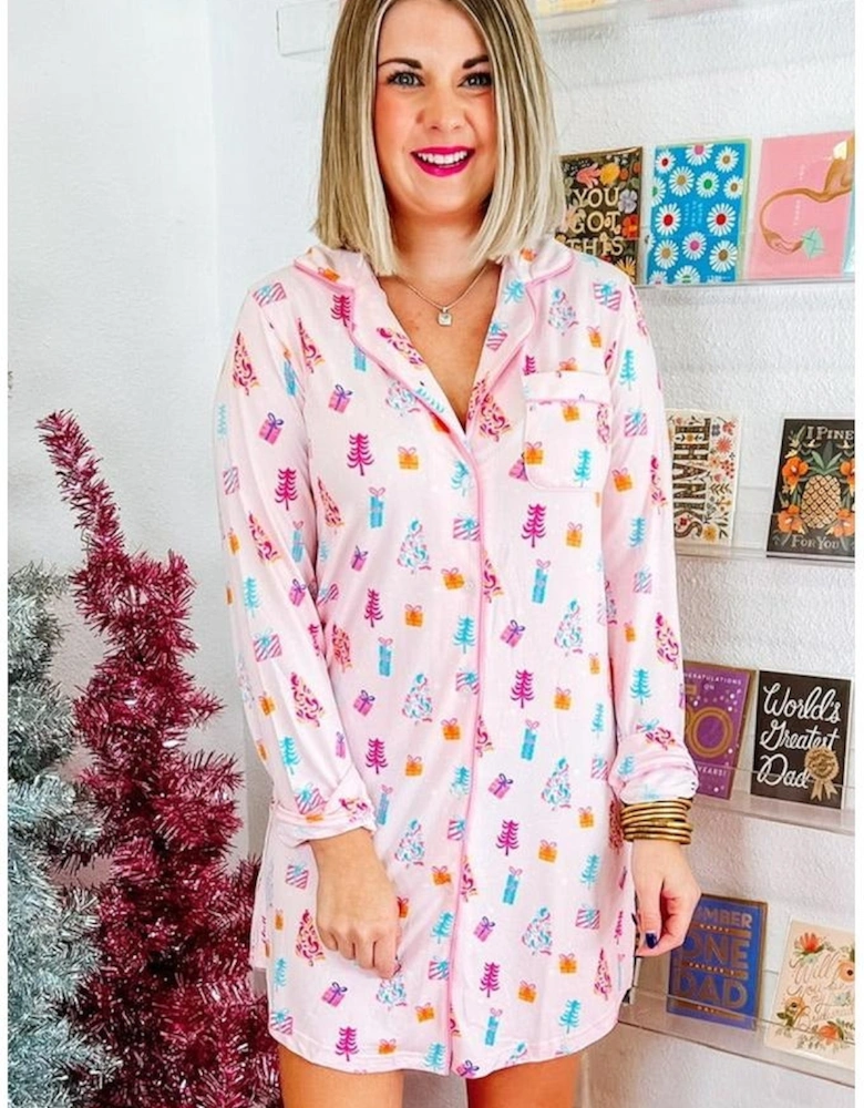 Pink Christmas Twinkle Tree Print Shirt Sleep Dress