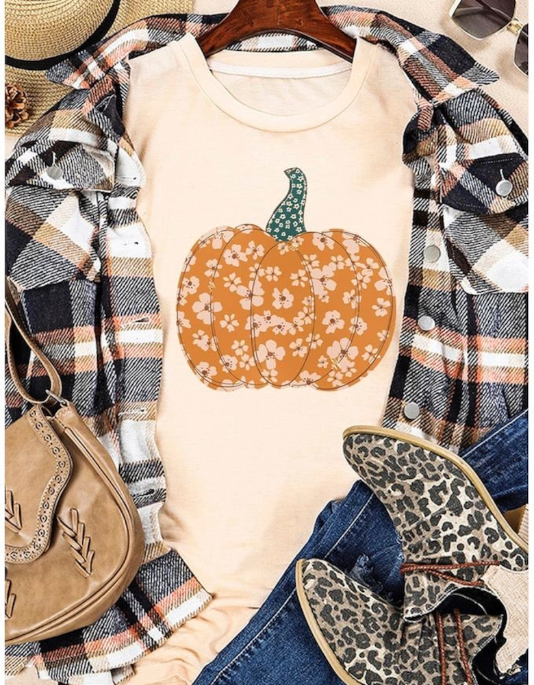 Khaki Sweet Floral Pumpkin Graphic Tee
