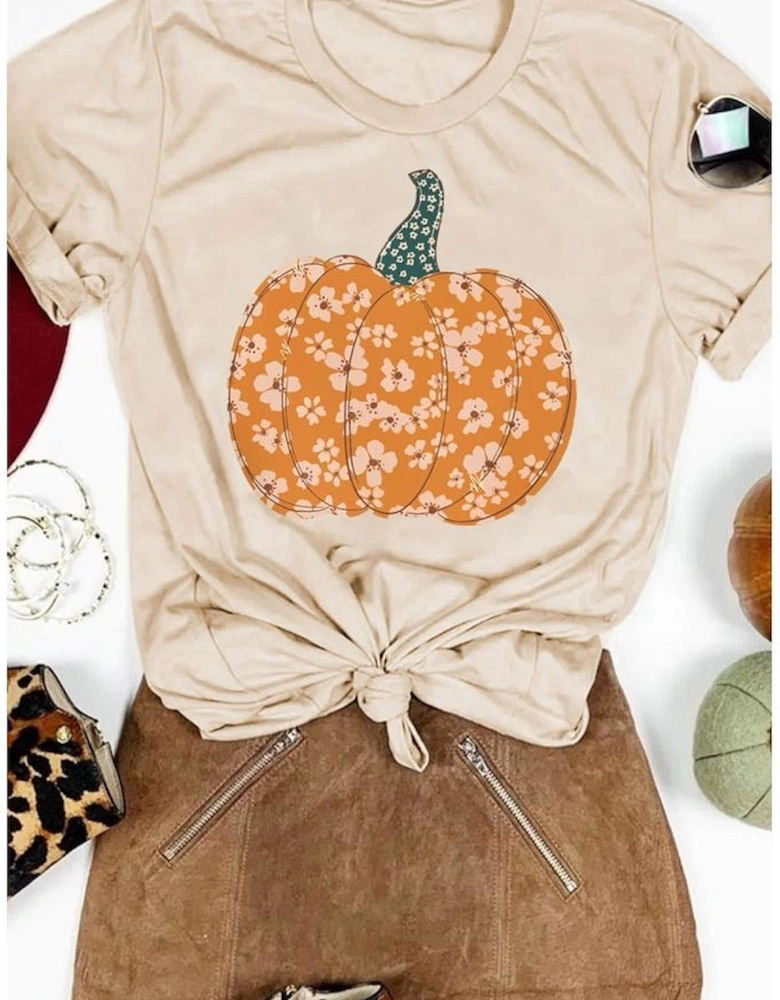 Khaki Sweet Floral Pumpkin Graphic Tee