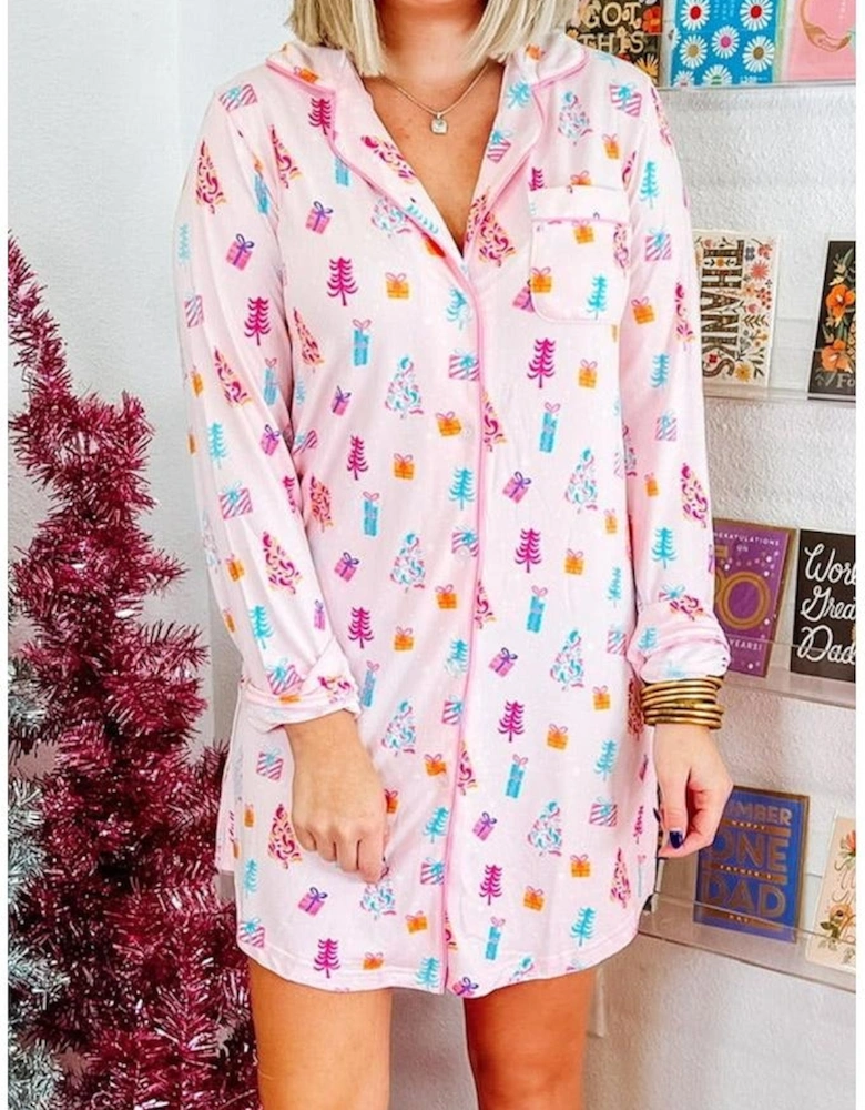 Pink Christmas Twinkle Tree Print Shirt Sleep Dress