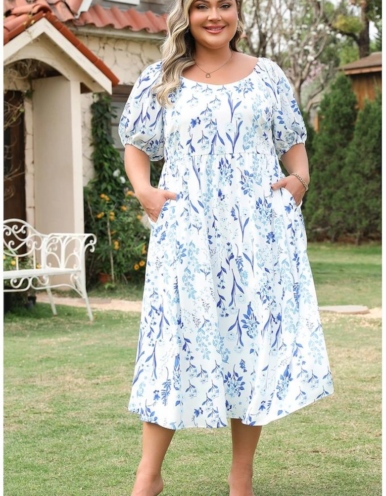 Sky Blue Floral Print Sweetheart Neck Plus Size Midi Dress