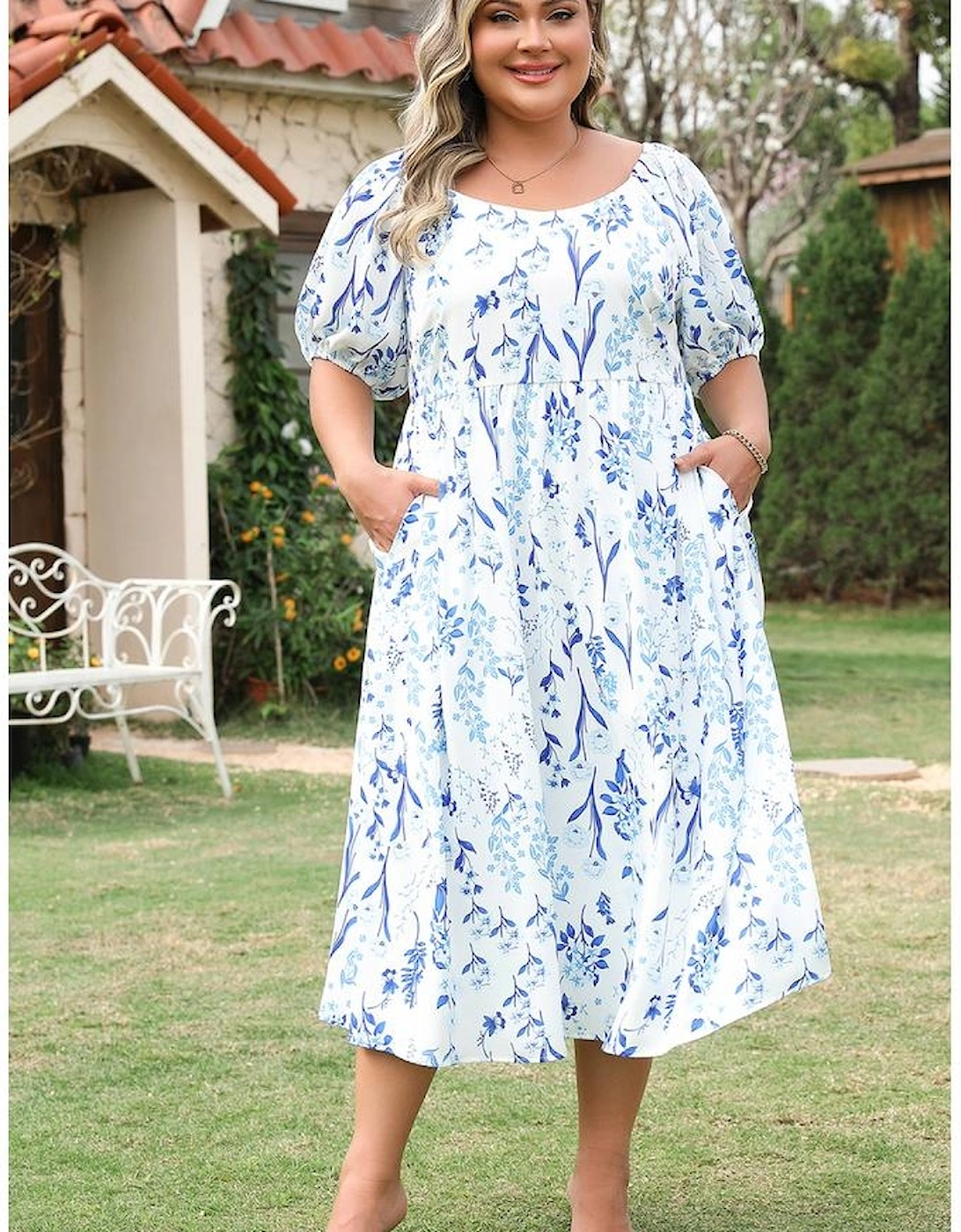 Sky Blue Floral Print Sweetheart Neck Plus Size Midi Dress