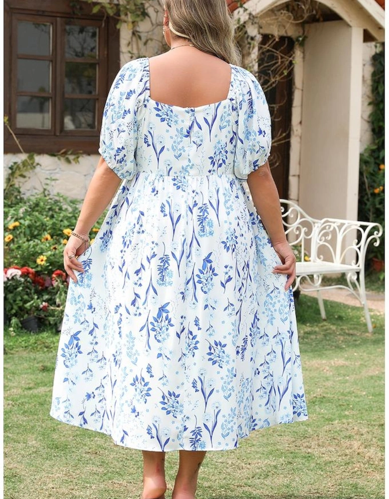 Sky Blue Floral Print Sweetheart Neck Plus Size Midi Dress