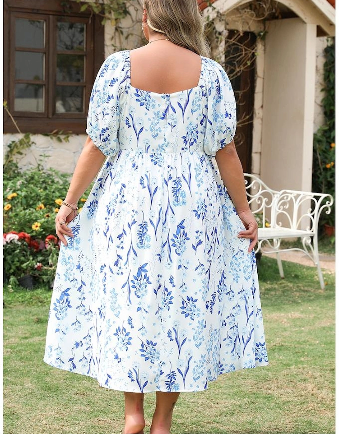 Sky Blue Floral Print Sweetheart Neck Plus Size Midi Dress, 16 of 15
