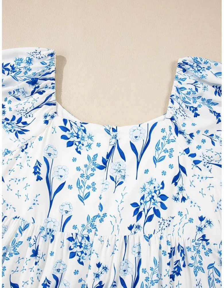 Sky Blue Floral Print Sweetheart Neck Plus Size Midi Dress