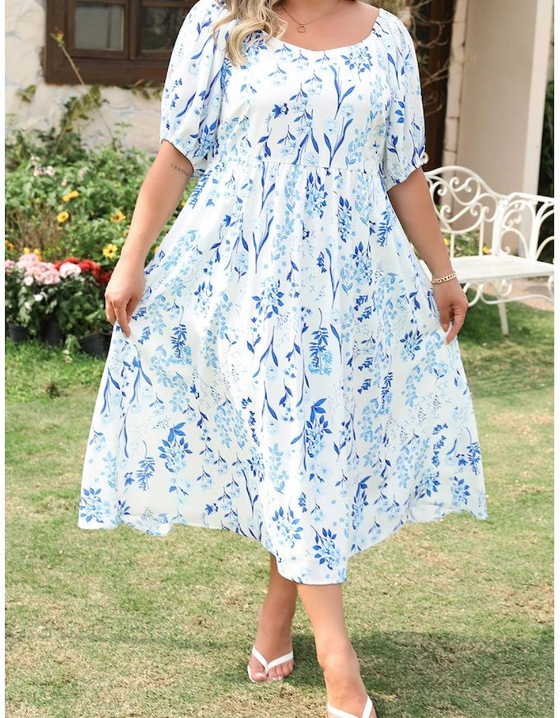 Sky Blue Floral Print Sweetheart Neck Plus Size Midi Dress