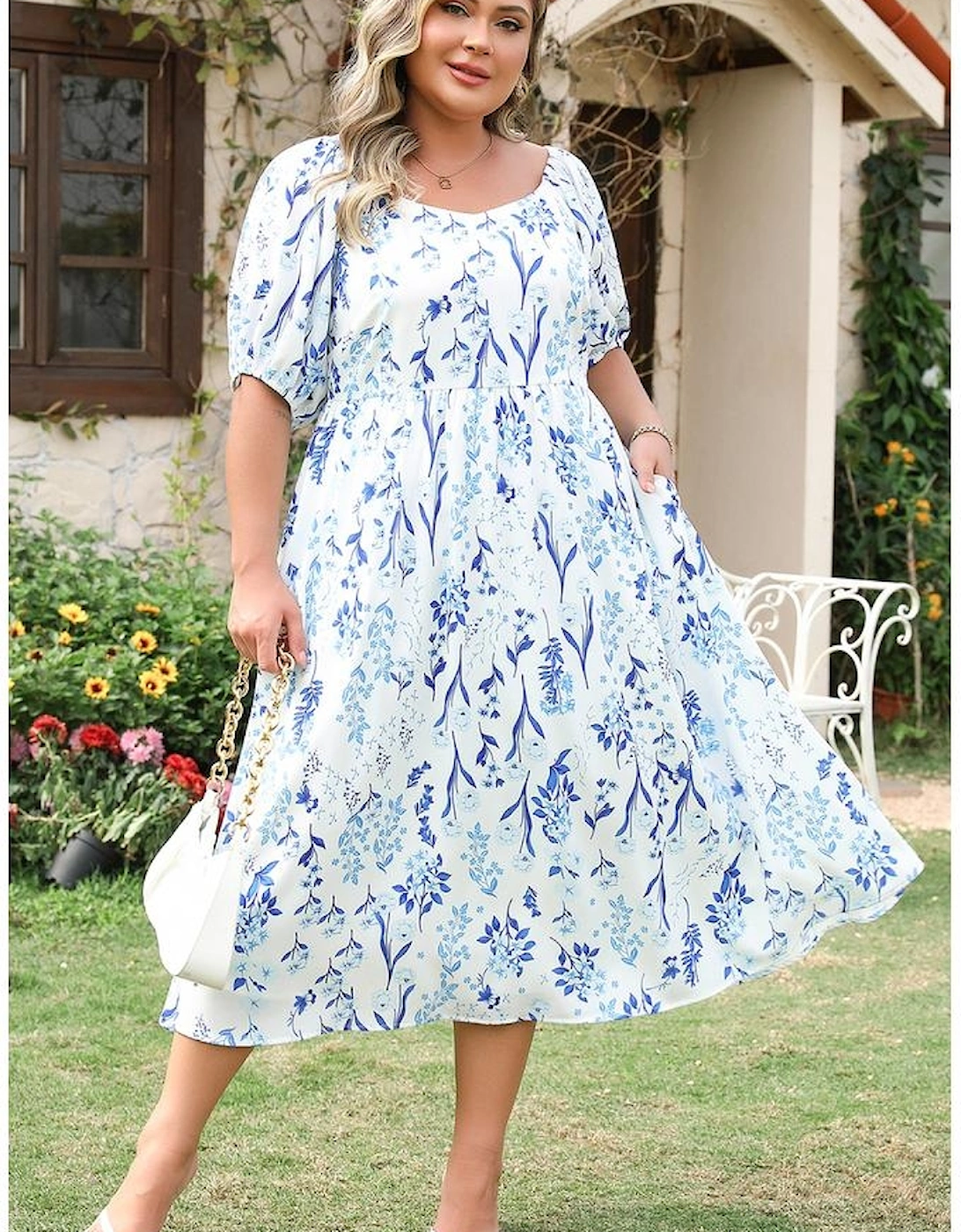 Sky Blue Floral Print Sweetheart Neck Plus Size Midi Dress