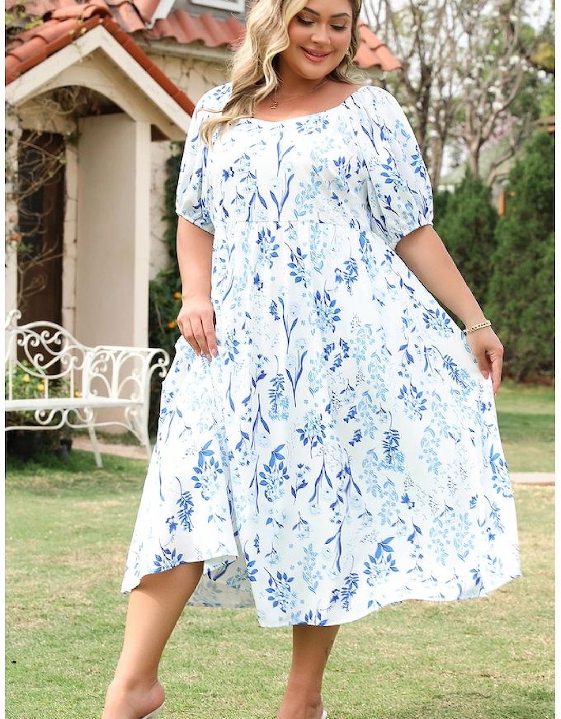 Sky Blue Floral Print Sweetheart Neck Plus Size Midi Dress