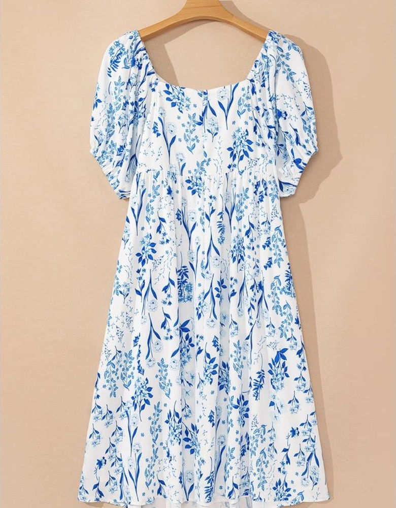 Sky Blue Floral Print Sweetheart Neck Plus Size Midi Dress